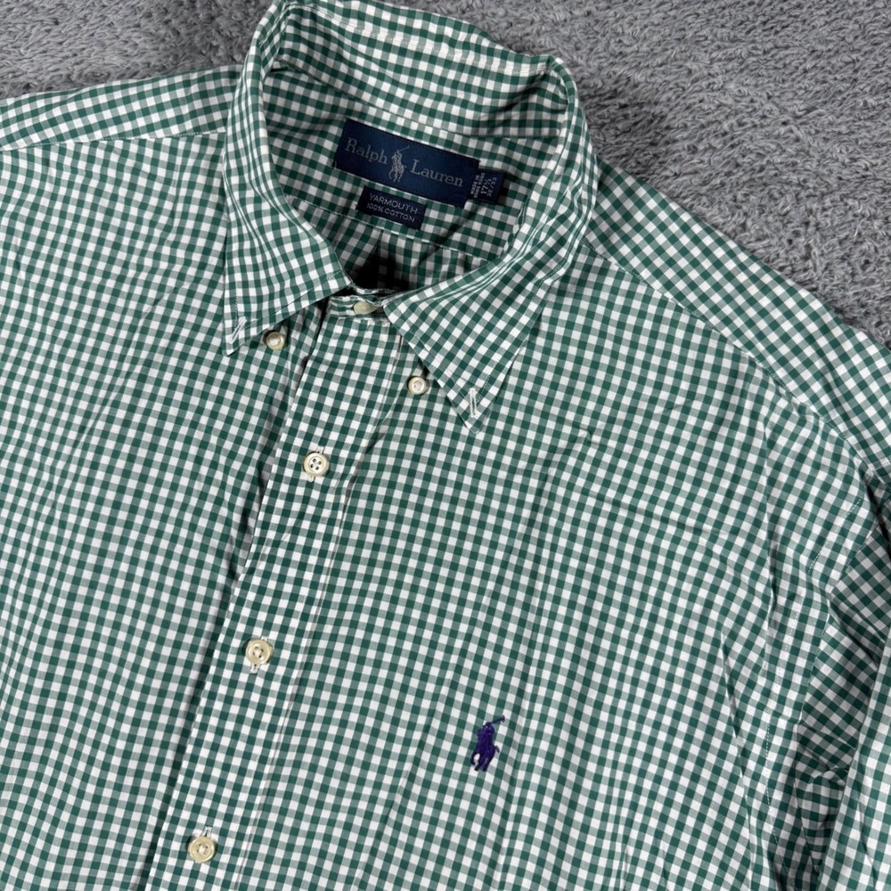 VTG Polo Ralph Lauren Button Down Shirt Mens 17.5 32/33 Green Gingham Yarmouth